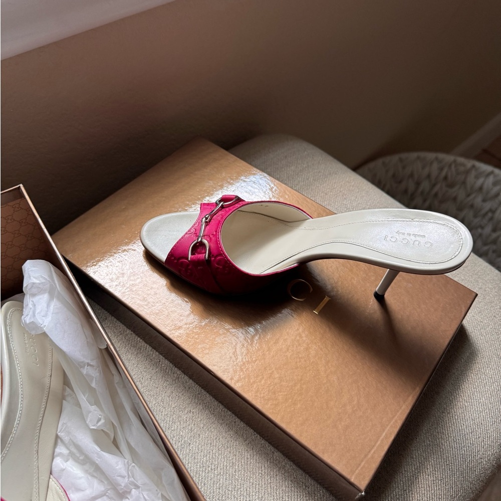 NEW AUTHENTIC Gucci Heeled Mules with Silver Accents